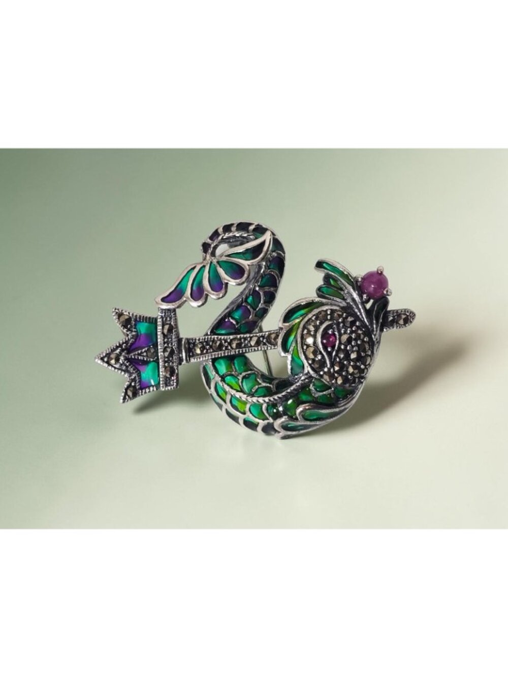 925 Brooch Pendant Plique-à-Jour Enamel DRAGON Marcasite and Ruby Eyes - Picture 5 of 8